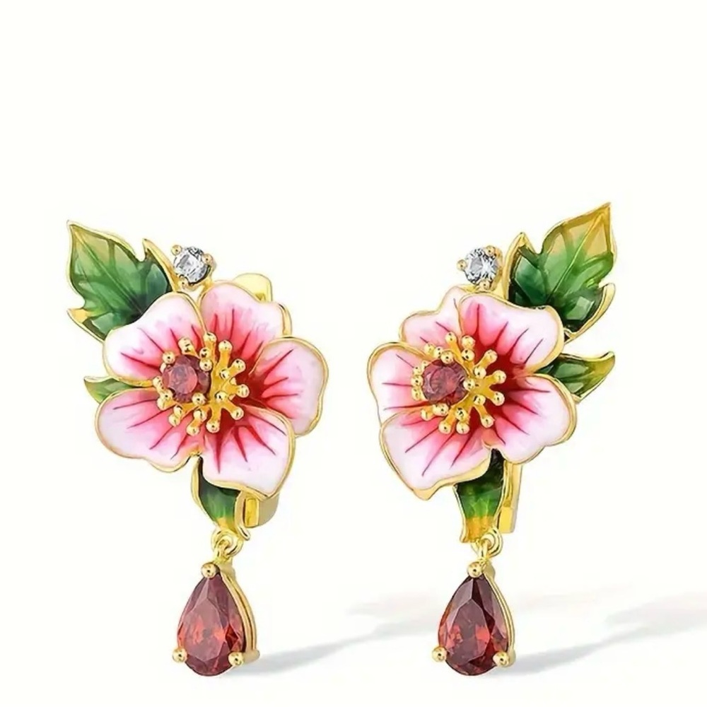 New! Flower Inlay Synthetic Ruby Pendant Earrings